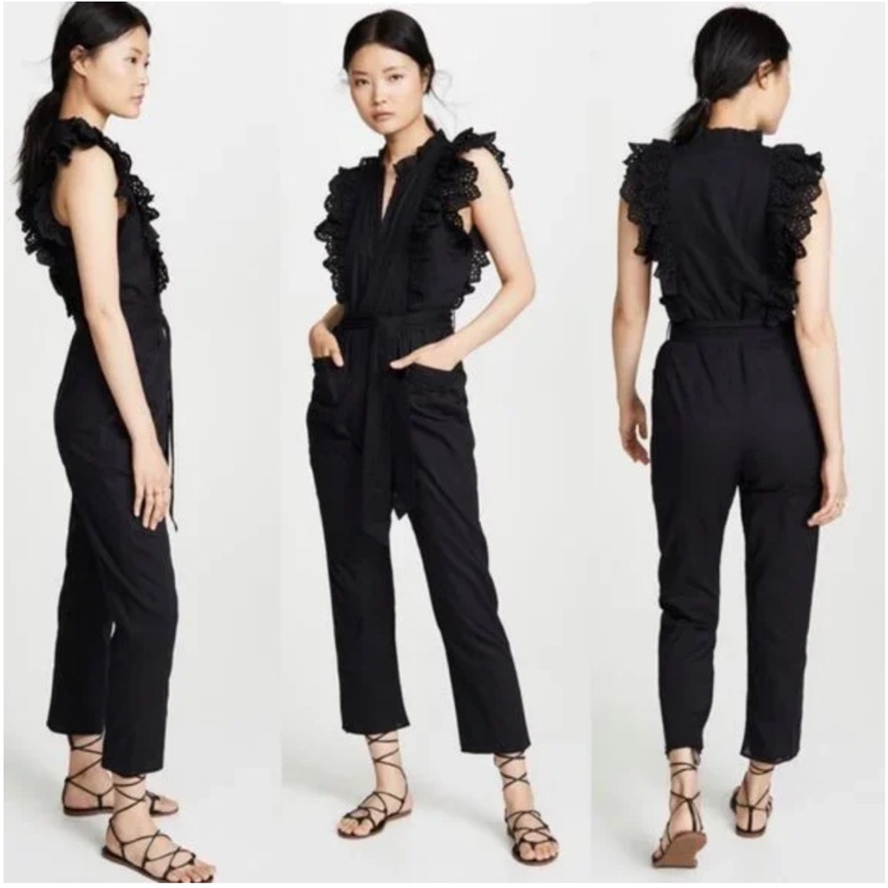 Apiece Apart Black Ruffle Jumpsuit Eyelet Size 0 Belted Pockets Minimalist Boho